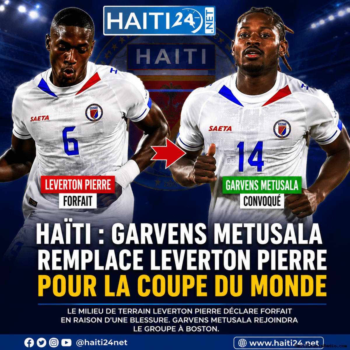 Haïti : Garvens Metusala remplace Leverton Pierre pour la Coupe du monde