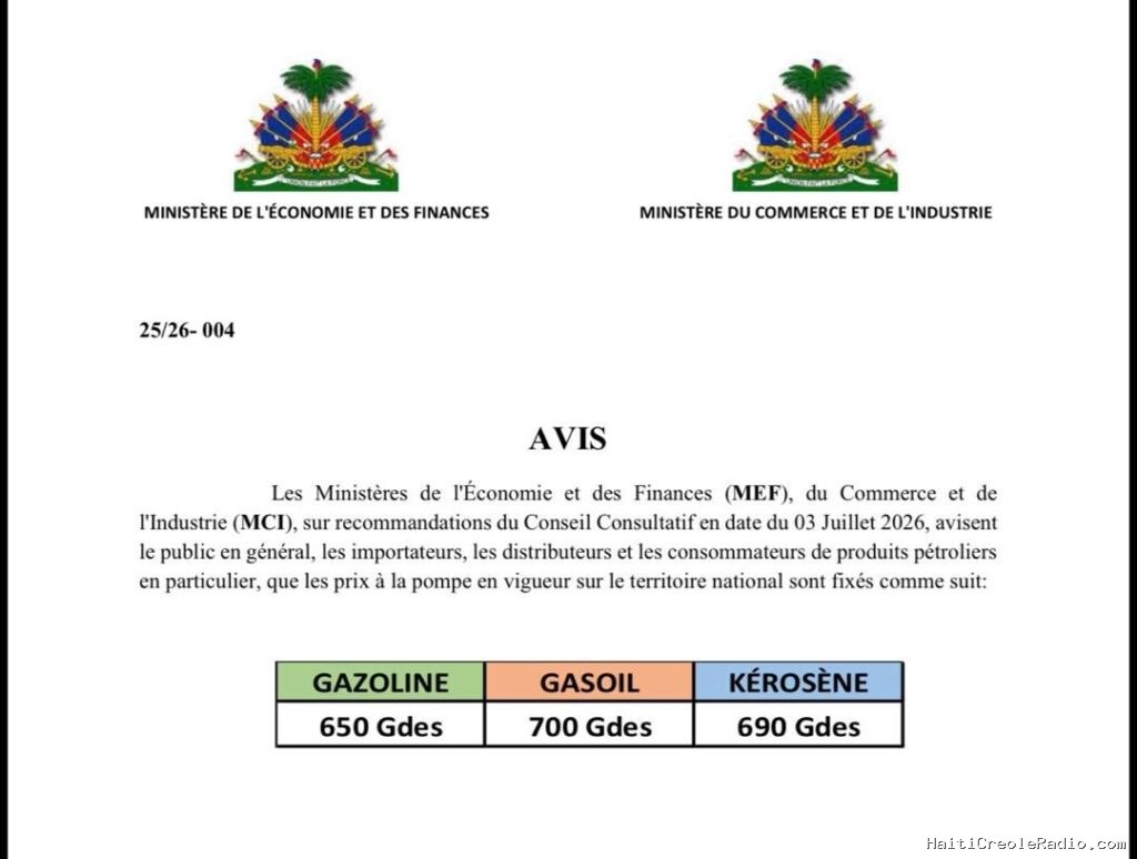Haïti : WTI à 68,78 $ le baril, gazoline à 4,97 $ (650 gourdes) le gallon, gasoil à 5,35 $ (700 gourdes) ; les nouveaux prix à la pompe fixés ce 4 juillet