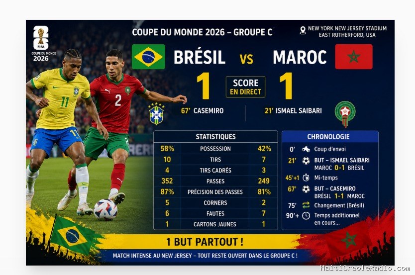 Mondial 2026 — Groupe C : le Maroc bouscule le Brésil, la Seleção réagit avant la pause (1-1)